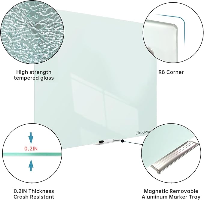 Magnetic Glass Whiteboard - Glass Dry Erase Board 48"x96" Large Frameless Board for Walls Office School and Home