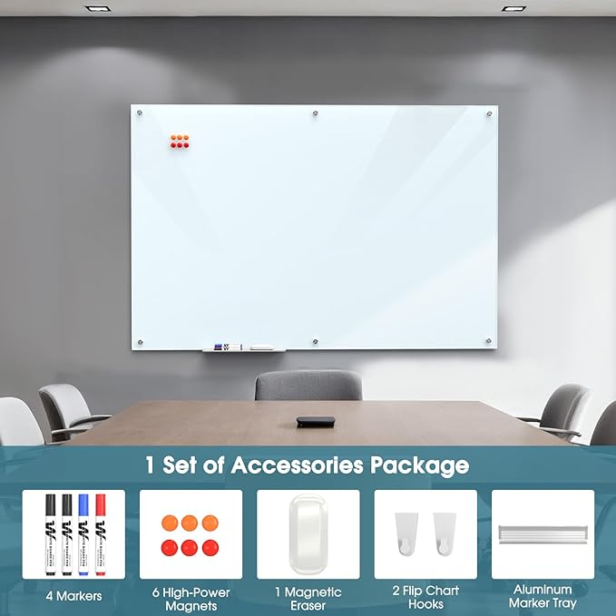 MaxGear Glass Whiteboard Wall Mounted, Frameless Magnetic Dry Erase Board, Tempered Glass, Steel-Backed, Non-Porous Smooth Surface, Floating Design, Accessories Included, for Office Home Classroom