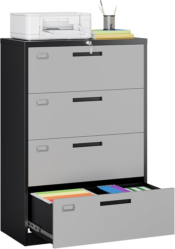 MIIIKO 4 Drawer Lateral Filing Cabinet with Lock, Metal File Cabinet 35.4" Wide, Home Office Locking Filing Cabinets for Legal Letter File Folders…