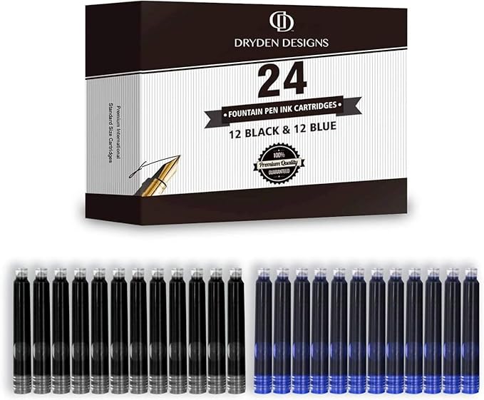 Dryden Designs Fountain Pen Medium Nib Gift Pouch - with 24 Ink Cartridges - MCM (Metallic Silver)