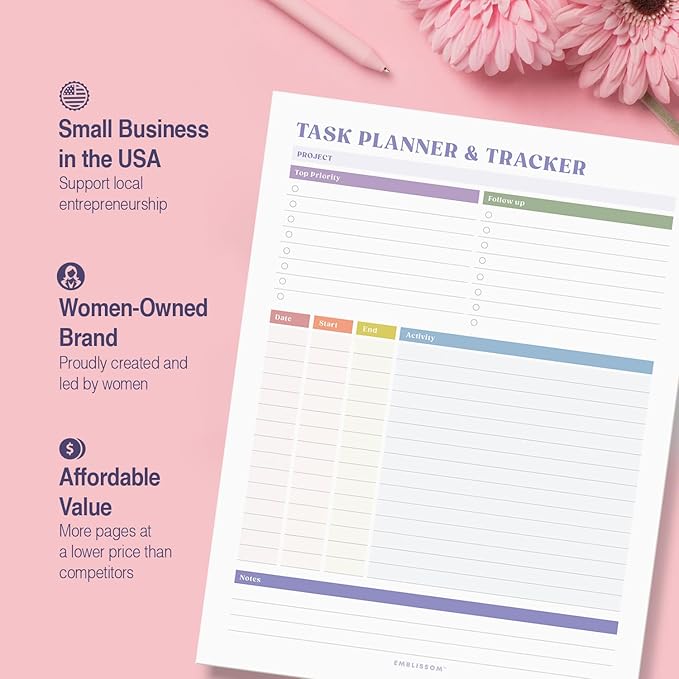 Task Planner & Tracker 8.5 x 11 Tear-Off 70 Sheet Planner Pad – Project Organizer with Time Log, Top Priority, Follow-Up – Notepad for Home & Office (White, Colorful, 2 Pack)