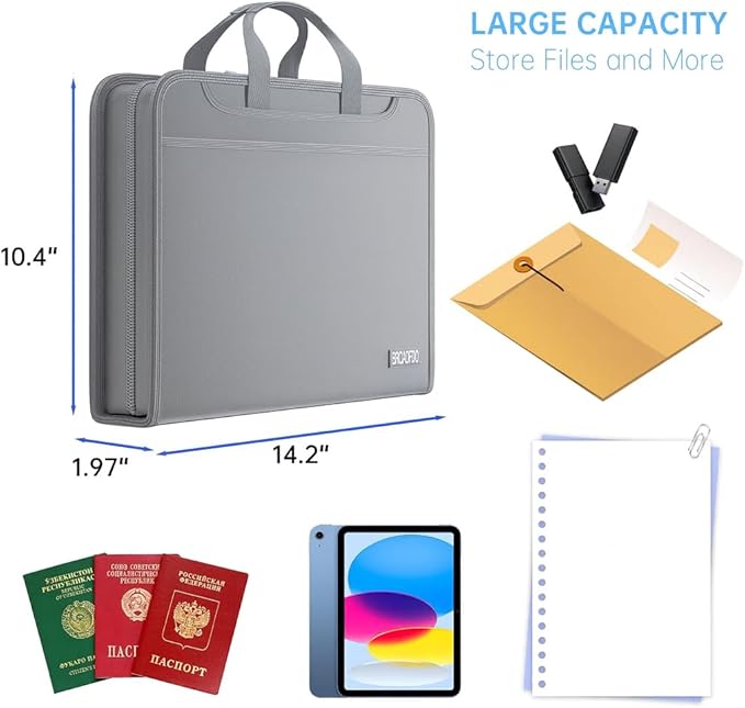Fireproof Accordion File Organizer – Fireproof File Folder & Expanding Paperwork Organizer with Handle, Travel File Organizer for A4/Letter Documents, 13-Pocket (Grey)