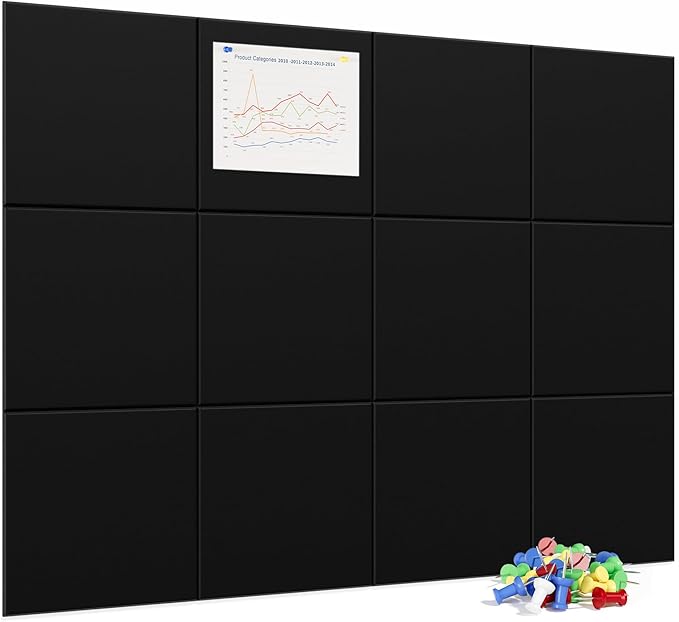 Neatsure Large Cork Board for Wall, 48" x 36" Bulletin Board with Pushpins, 12 Panels Felt Tiles Tack Push Pin Board for Office, Black