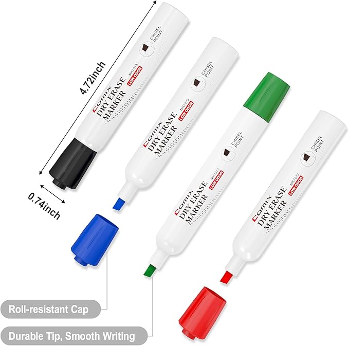 Comix Dry Erase Markers, Chisel Tip Whiteboard Markers, 36 Count 4 Assorted Colors Low Odor Markers for Classroom, Teachers, Office, School Supplies