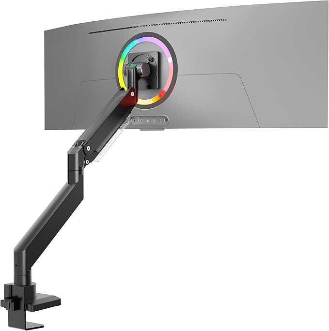ONKRON Heavy Duty Monitor Arm for 17-57 Inch Screens up to 59.4 lbs, Ultrawide Screen Mount with Adjustable Gas Spring, VESA 75x75-200x200, Single Arm Monitor Mount for Desk, Clamp & Grommet Black