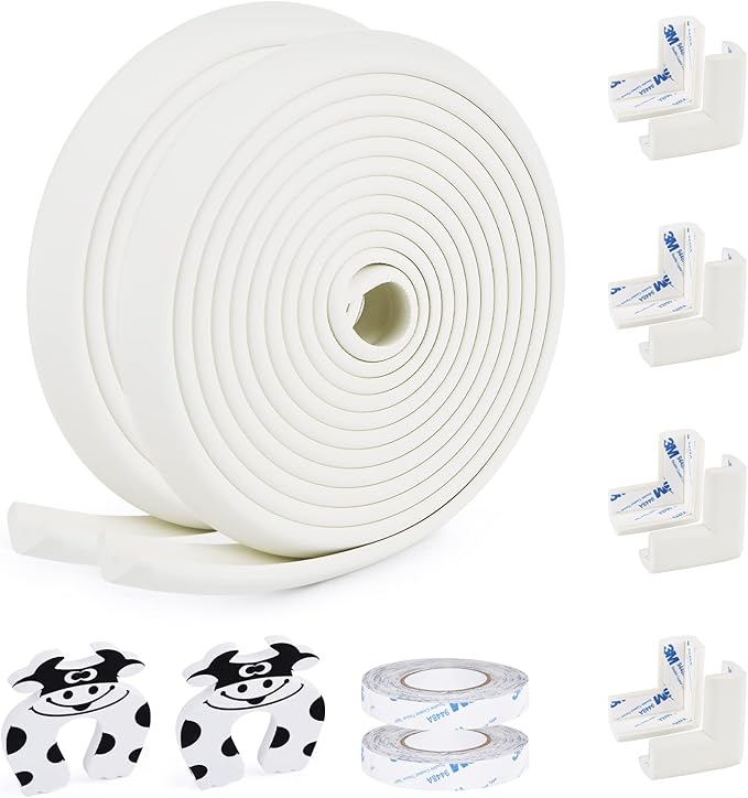 2 Pack Baby Proofing Edge and Corner Guards, (16.4ft Edge + 4 Corners) Safety Furniture Bumper, Baby Corner Protector for Fireplace, Table, Stair, Cabinet, 3M Adhesive, White
