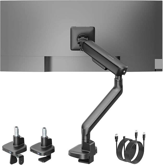 monTEK Single Monitor Arm with USB, Mechanical Spring Monitor Arm for 17-40" Screens, Adjustable Monitors Desk Mount Holds up to 24.2 lbs with C Clamp/Grommet Desk Mount, VESA 75/100mm, MA1011UCBK