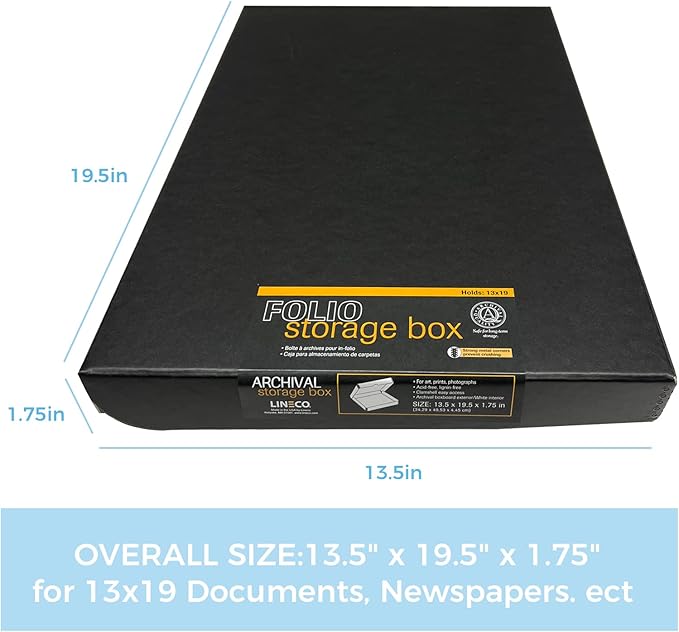 Lineco Folio Storage Box, Clamshell Design with Metal Edge. 13.5x19.5x1.75 Inches, Archival Boxboard, Preserve Photos, Cards, Magazines, Documents, Art, Ephemera, Family Records, Black, Pack of 2