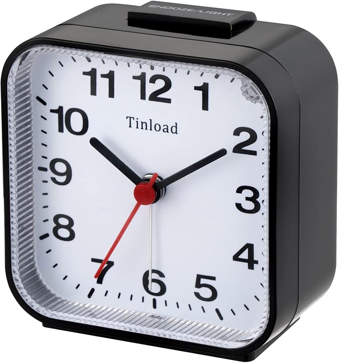 Tinload Small Battery Analog Alarm Clock Silent Non Ticking, Ascending Beep Sounds, Snooze,Light Functions (Black-B)