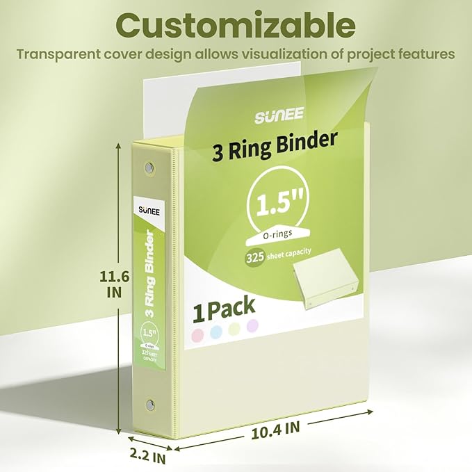 SUNEE 3 Ring Binder 1.5 Inch 1 Pack, Clear View Binder Three Ring PVC-Free (Fit 8.5x11 Inches) for School or Office Supplies, Light Yellow