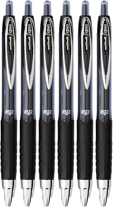 Advantage Gifts Signo 207 Roller Ball Retractable Gel Pens, Medium Point (0.7mm), Black Ink, 6 Count, Bundle with Plastic Reusable Pouch