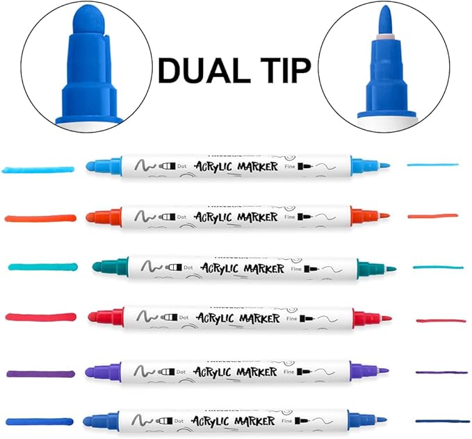 TRANSON 36 Color Bold and Fine Dual-tip Acrylic Paint Pen Set for Canvas Rock Wood Leather Ceramic DIY Painting
