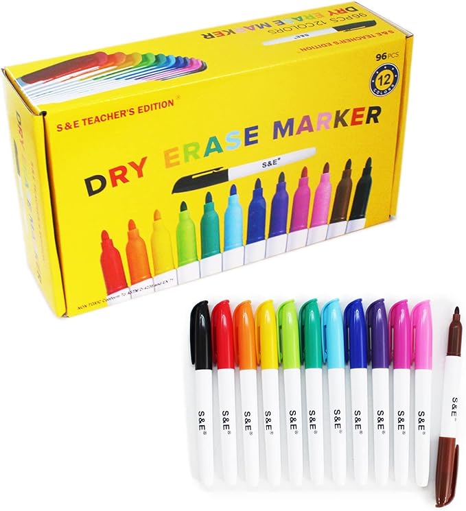 S & E TEACHER'S EDITION 96 Pcs Dry Erase Markers Colored markers 12 Assorted Colors with Low-Odor Ink Colored Whiteboard Markers for School, Office, Supplies