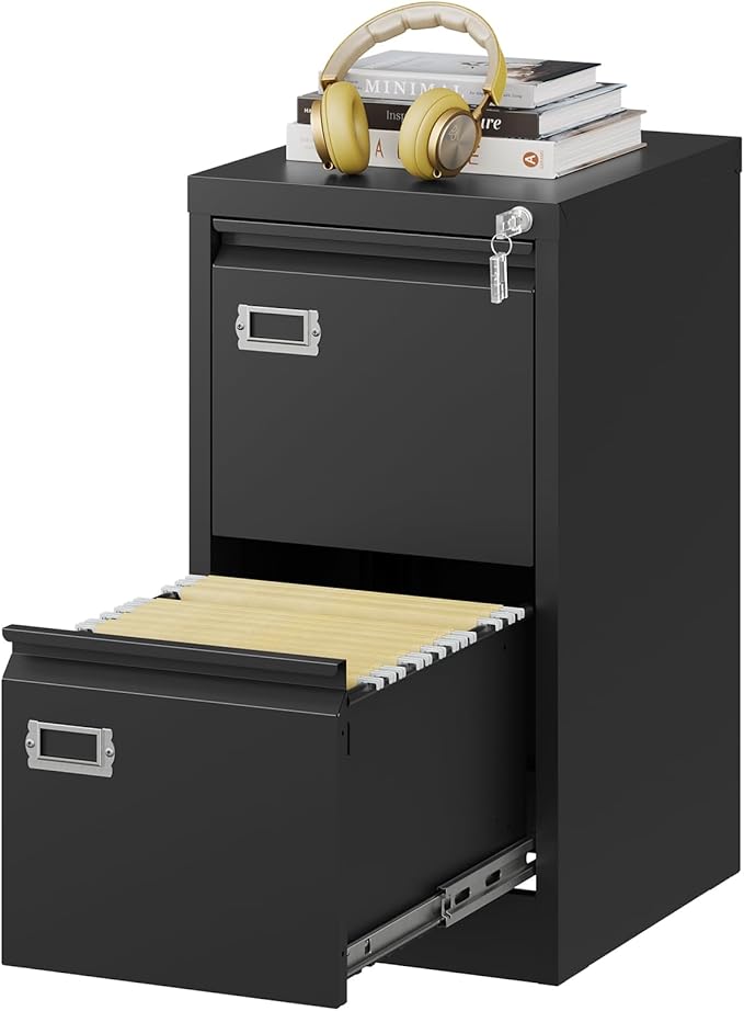 Fesbos 2 Drawers Vertical File Cabinets - 17.8" Deep Lockable Filing Cabinet - Black Metal Storage Cabinets for Home Office to Hanging Files Letter/Legal/F4/A4 Size