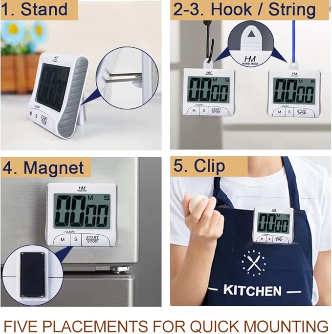 HOME MOST 3" Large Display Kitchen Timer - Digital Timer Magnetic Back Loud Alarm On A Rope- White Cooking Timers For Kitchen Teachers Students Games Kids Meetings- Sports Timers For Workouts Exercise