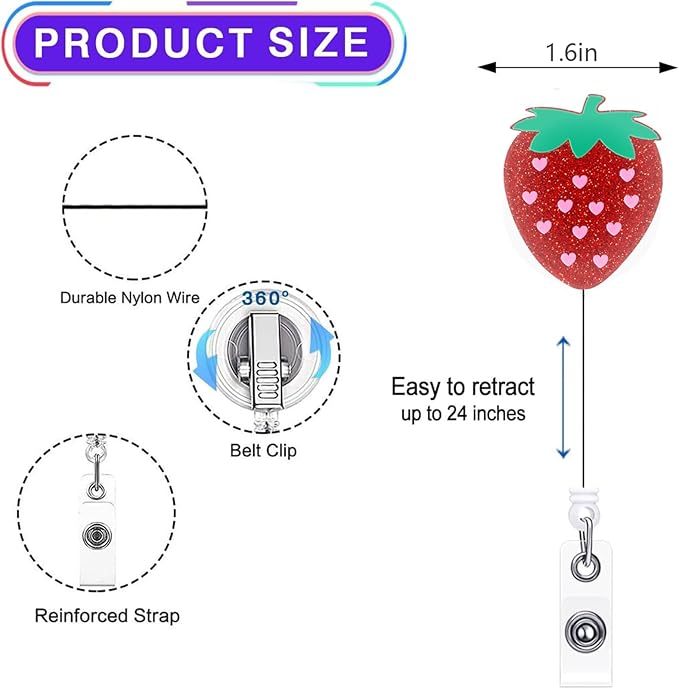 2Pcs Funny Strawberry Badge Reel Retractable for Nurse, Doctor, Medical Worker Nursing Student | Cute Pediatric Nurse ID Name Badge Holder 24” Durable Nylon Retractable Cord with Alligator Clip