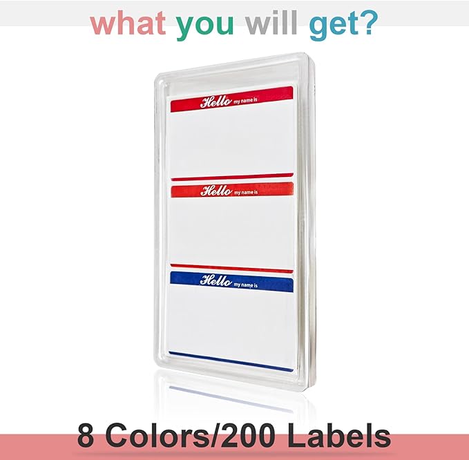 MFLABEL® Hello My Name is Stickers - 200 Colorful Name Tags Labels for Office, Meeting, School, Home - 8 Assorted Colors - 3.5" x 2.25" Self-Adhesive Name Badges