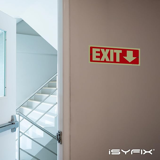 iSYFIX Exit Signs with Directional Down Arrow - 6 Pack 12x4 Inch Glow in the Dark for Business, School, Office, Warehouse - Durable 40 Mil Polystyrene, UV Laminated, Waterproof, Scratch & Fade Resistant