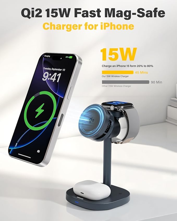 3 in 1 Wireless Charging Station for Apple MagSafe Charger Stand,15W Qi2 Fast Phone and Watch Charger with TEC Cooling, Magnetic Wireless Charger for iPhone17 16 15 14 13, Apple Watch, AirPods, Gray