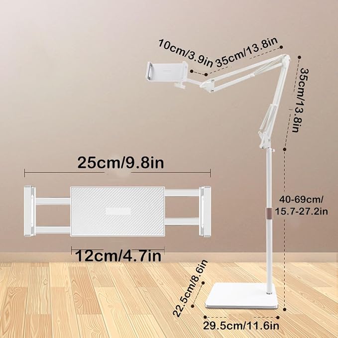 Hosann Century Tablet Floor Stand,360 Degree Adjustable Height Stretchable Arm Swivel Dual Holder,Compatible with 4.7-12.9inch Smart Phone/Tablet Kindle ipad Stand Floor (White)