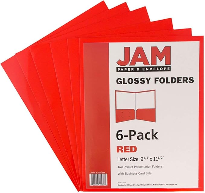 JAM PAPER Laminated Two Pocket Glossy School Folders - Letter Size - High Gloss Red - 6/Pack
