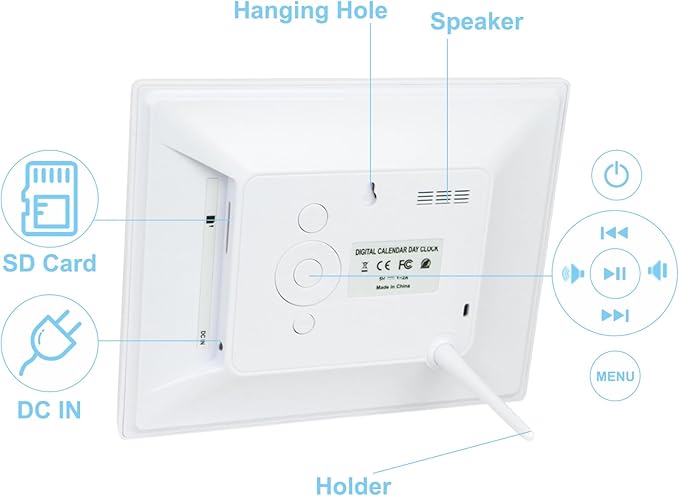 TMC 8 Inch Digital Dementia Clock for Seniors, Large Calendar with Day Date & Week Display, 5 Alarms + 3 Medicine Reminders, Plays SD Card Video, Wall Mountable, Detachable Stand (White, SD)