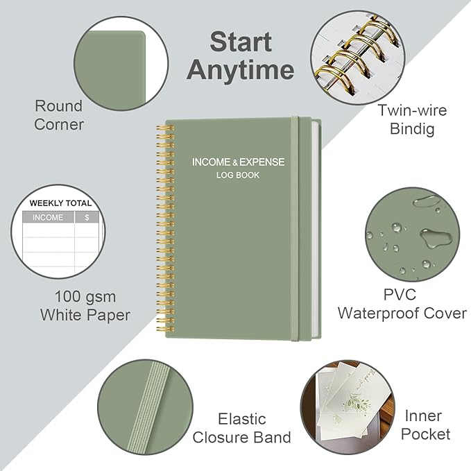 Income & Expense Log Book - A5 Income and Expense Ledger Book for Small Business, Accounting Bookkeeping Tracking Ledger LogBook for Woman and Man, 5.5" x 8.5", Green