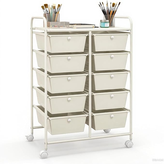 GLACER 10 Drawer Rolling Cart, Storage Cart with Lockable Whieels & Metal Frame, Trolley for Art Craft Oganizer, Mobile Utility Cart for Office, School, Classroom, Kitchen (Ivory Color)