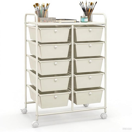 GLACER 10 Drawer Rolling Cart, Storage Cart with Lockable Whieels & Metal Frame, Trolley for Art Craft Oganizer, Mobile Utility Cart for Office, School, Classroom, Kitchen (Ivory Color)