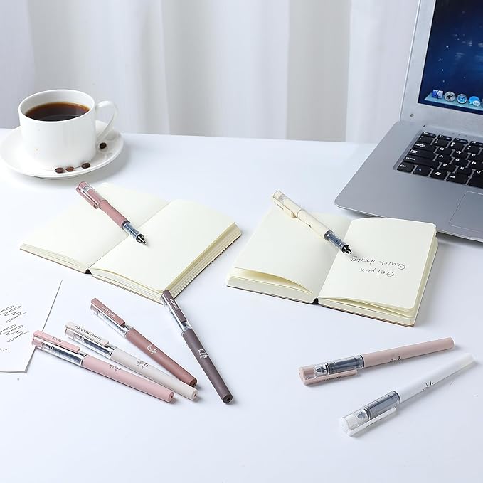 FUNFULL Aesthetic Cute Stick Rollerball Pens, 8pcs Quick Dry Colored Liquid Ink Pens, 0.5mm Fine Point Coffee Gel Pens with Soft Touch Smooth Writing for Journaling Planner School Supplies