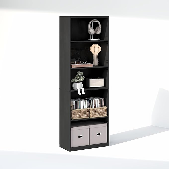 Furinno GEHRY DVD Shelf, 5-Tier CD Rack, Media Shelf with Adjustable Shelves, DVD Storage Cabinets for CD Blueray Game Disc, Easy Assembly, for Living Room, Home Office, Blackwood