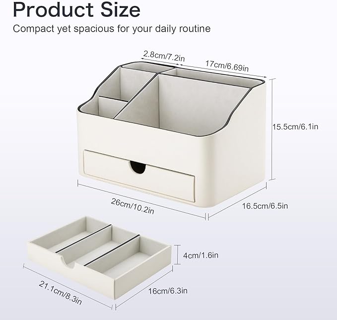 KINGFOM PU Leather Desk Organizer with Drawer, 5 Compartments Desktop Storage Caddy for Office Home Supplies, Pen Holder for Remote Control, Phone & Accessories, Mail Organizer Countertop Ivory White