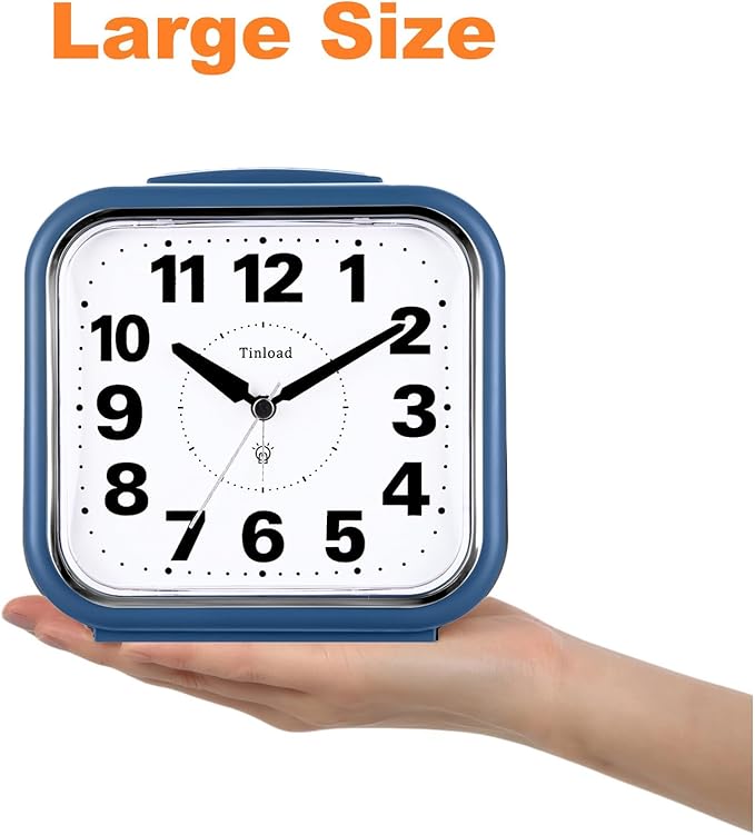 Tinload 5.5" Large No Ticking Analog Alarm Clock,Silent Readable for Seniors,Easy to Set,Gradual Rise Alarm,Big Numbers,Gentle Wake,Snooze, Lighted on Demand,Battery Operated,Blue