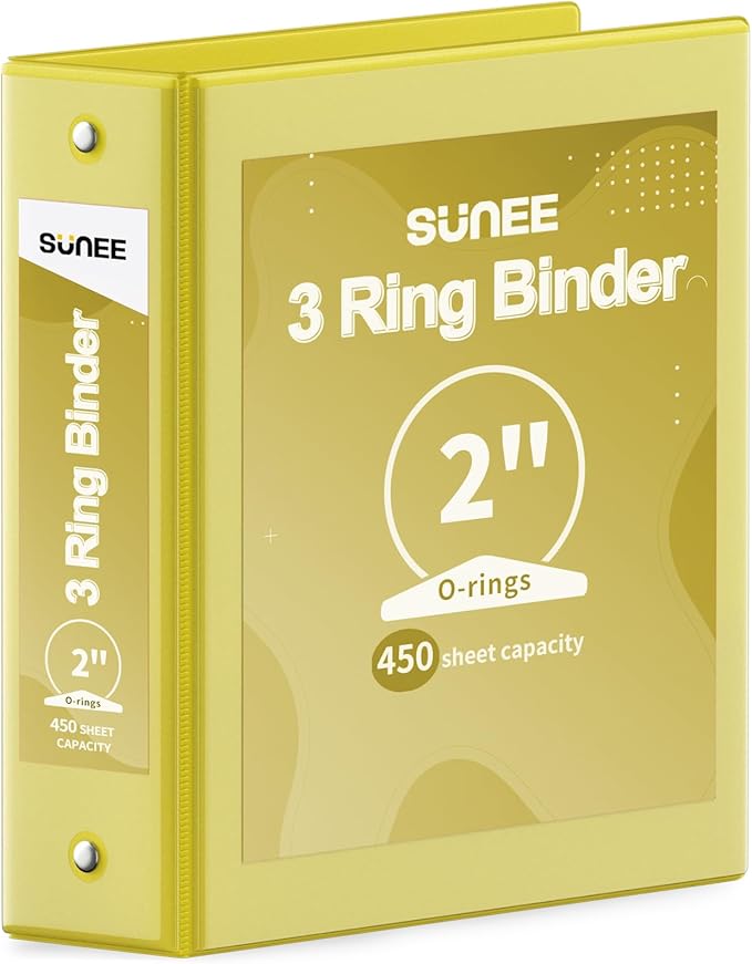 SUNEE 3 Ring Binder 2 Inch 1 Pack, Clear View Binder Three Ring PVC-Free (Fit 8.5x11 Inches) for School or Office Supplies, Yellow