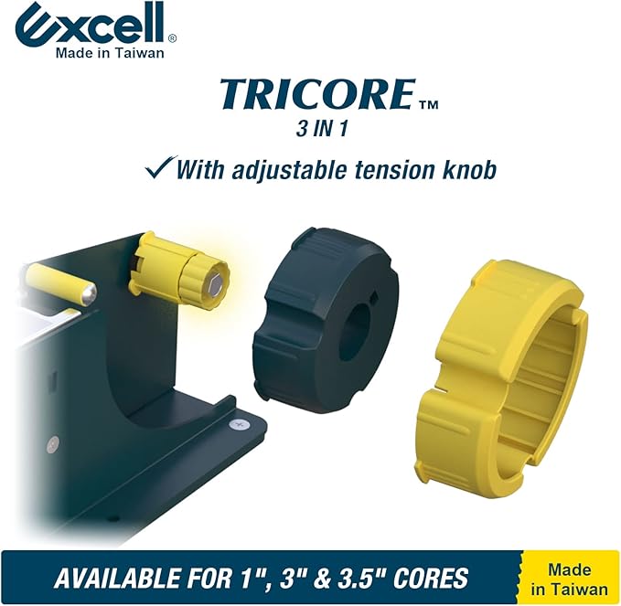 Excell ET-63521 TriCore Vegetable Wrappers Tape Dispenser: Fits 1", 3", and 3.5" cores for Flexible Tape use. Perfect for Packaging Groceries, Fruits, and Candy. Rust-Proof Blade ensures Durability.