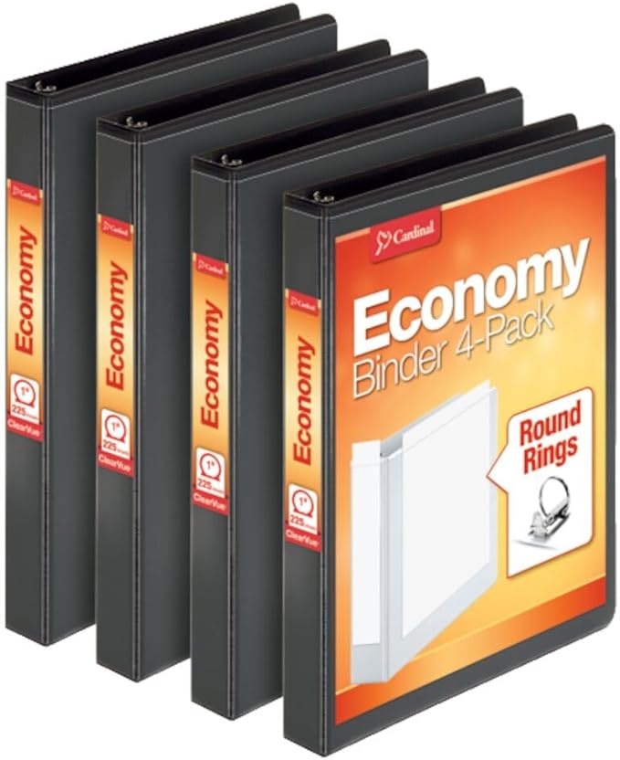 Cardinal Economy 3 Ring Binder, 1 Inch, Presentation View, Black, Holds 225 Sheets, Nonstick, PVC Free, 4 Pack of Binders (79512)