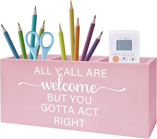 Exqcom Pink Western Makeup Brush Holder, Preppy Western Cowgirl Toothbrush Holders for Girly Bathroom, All Y'all are Welcome But You Gotta Act Right Pen Holder Organizer for Dorm Bedroom Desk