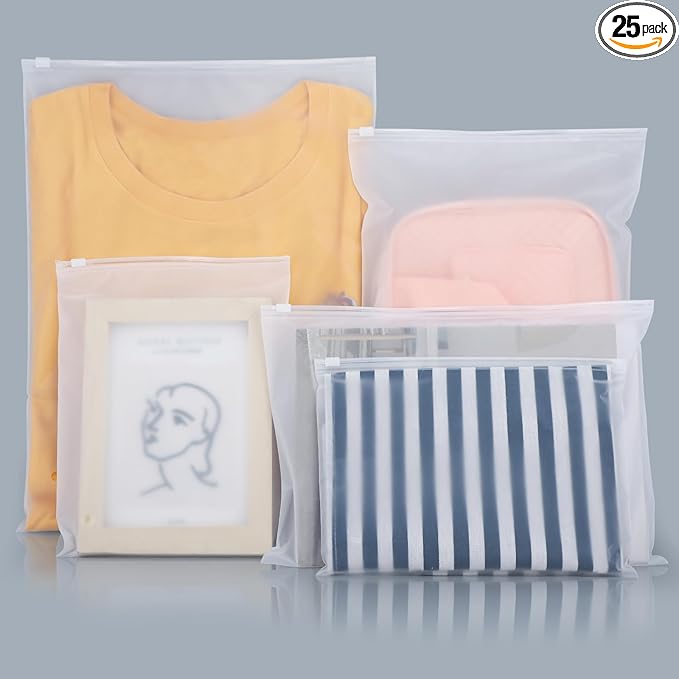 Svaldo T Shirt Bags 3 Mil Thick, 5 Sizes 12x16" 10x13" 8x10" 12x8" 10x7" Pack of 25, Resealable Zip Packaging Poly Bags Durable for Business Packing Shipping Travel, Frosted, with Vent Hole