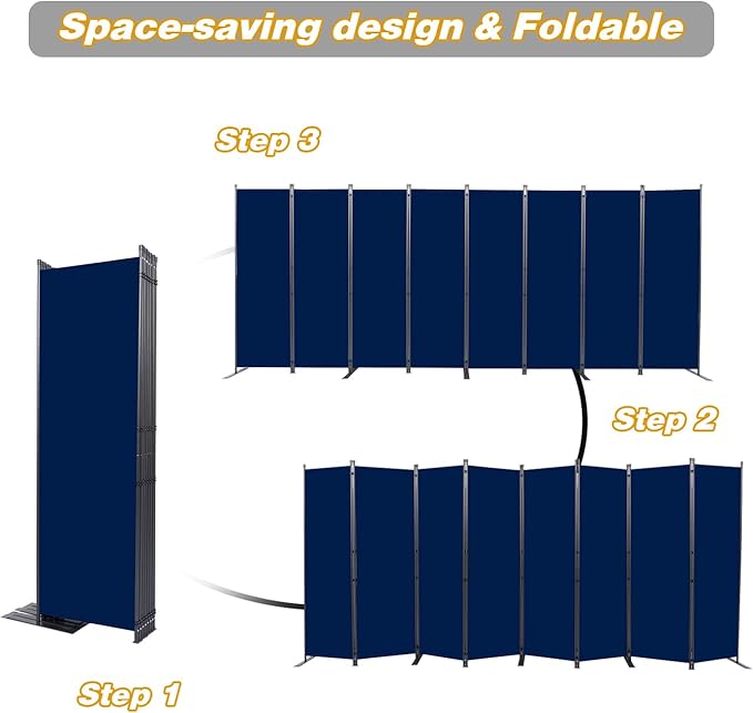 CHOSENM Room Divider, 8 Panel Folding Privacy Screens with Wider Support Feet, 6 Ft Portable Room Partition for Room Separator, 176" W X 71" H, Navy Blue