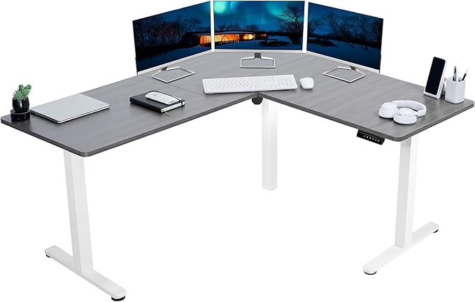 VIVO Electric Corner 63 x 55 inch L-Shaped Standing Desk, Memory Height Adjustment, Dark Gray Top White Frame, DESK-E3CTWG