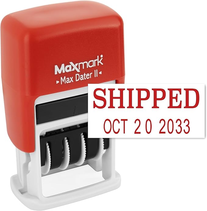 MaxMark Self-Inking Rubber Date Office Stamp with Shipped Phrase & Date - RED Ink (Max Dater II), 12-Year Band