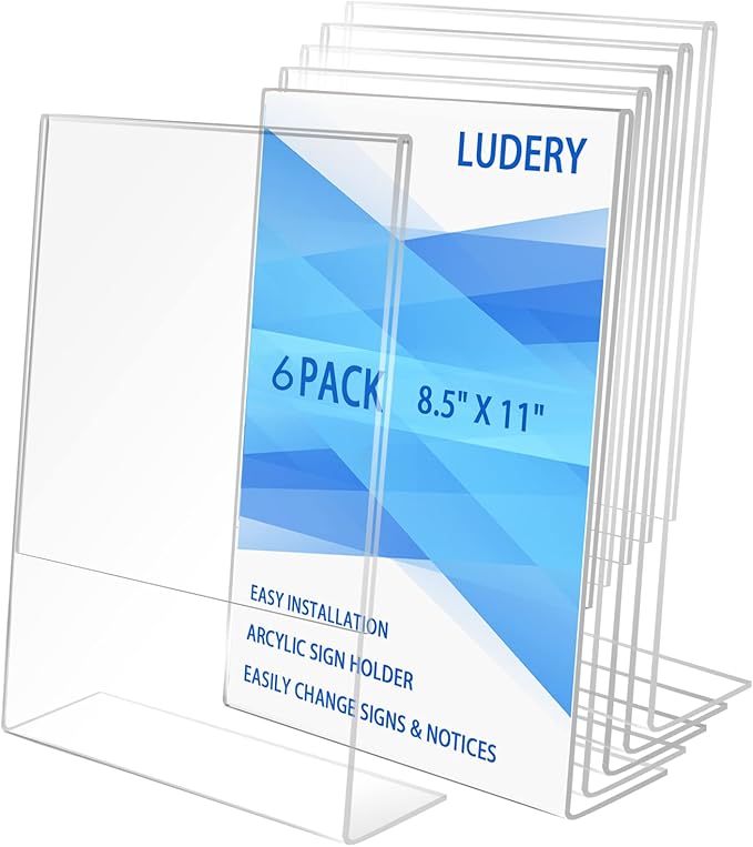 Ludery 8.5x11 Inches Acrylic Sign Slant Back Holder, Plastic Display Stand,Brochure Holder, Table Top Sign Holder For Office, Home, Store, Restaurant(6pack)
