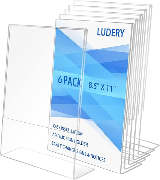 Ludery 8.5x11 Inches Acrylic Sign Slant Back Holder, Plastic Display Stand,Brochure Holder, Table Top Sign Holder For Office, Home, Store, Restaurant(6pack)