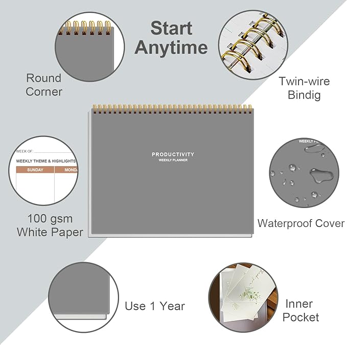 Weekly Productivity Planner - 8.5" x 11" Dashboard Desk Notepad Has 6 Focus Areas to List Tasks for Goals, Projects, Clients, Academic or Meal-Organize Your Daily Work Efficiently, 54 Weeks, Grey