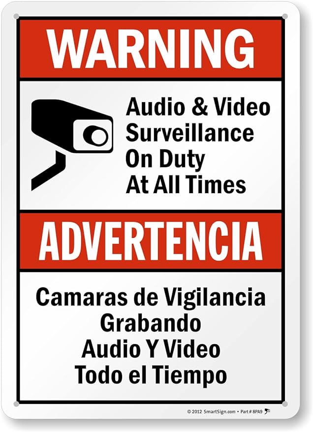 SmartSign 14 x 10 inch “Warning - Audio & Video Surveillance On Duty At All Times” Bilingual Sign, Digitally Printed, 55 mil HDPE Plastic, Red, Black and White, Made in USA