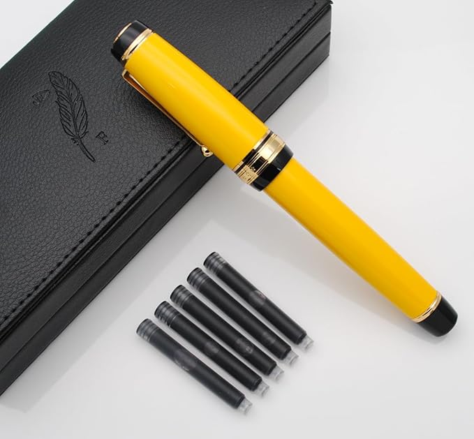 xixixiaozhu Metal Big Fountain Pen Set Medium Nib 0.7mm, Includes Ink Refill Converter, 5 Ink Cartridges & Gift Box (Medium Nib 0.7mm, Yellow)