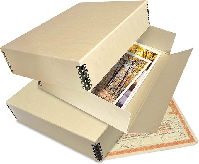 Lineco Museum Archival Storage Box, 9.75x12.75x3 in. Drop Front Design. Acid-Free with Metal Edge. Organize Photos, Pictures, Prints, Documents, Crafts, DIY. Tan, 1 Pack