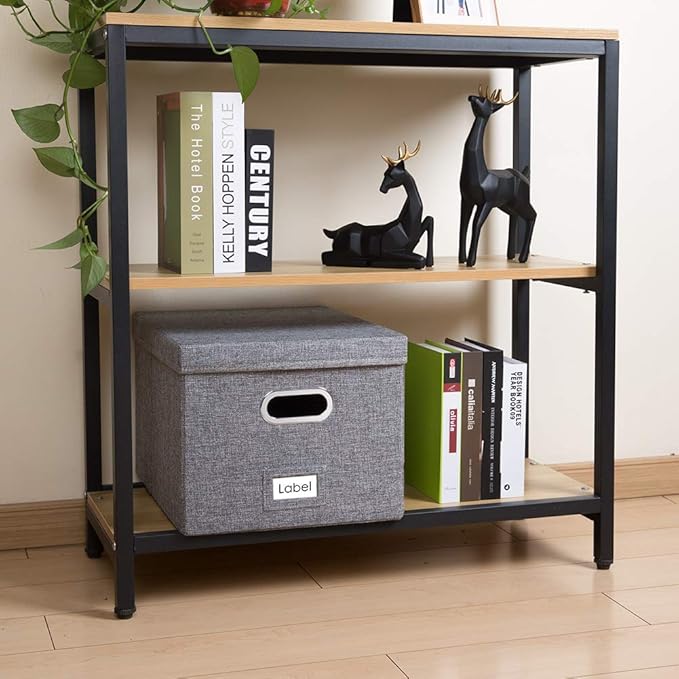 PRANDOM File Organizer Box - Set of 4 Collapsible Decorative Linen Filing Storage Hanging File Folders with Lids Office Cabinet Letter/Legal Size Grey 17.1x14x11.1 inch