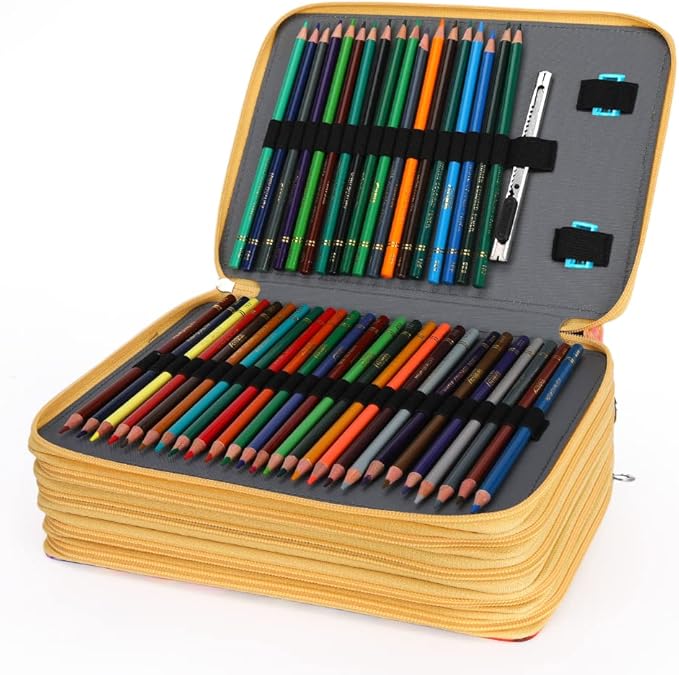 Vomgomfom Colored Pencil Case - Large Capacity 252 Slot Pencil Organizer with Zipper Closure, Twill Fabric Case for Watercolor Pens, Markers (Yellow Flower)