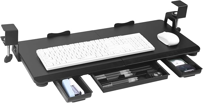 OUKMIC Large Keyboard Tray Under Desk Slide Out with Sturdy C-Clamp Mount and Storage Drawer, 27" (31" Including Clamps) x 12" Ergonomic Keyboard Trays for Home and Office, Black